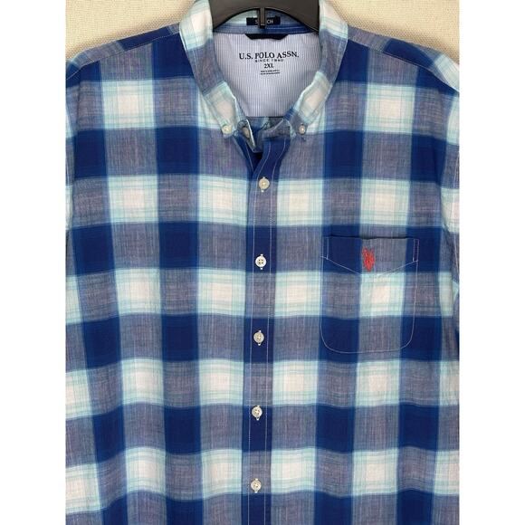 US Polo Assn Button Down Shirt Men Size XXL Blue Plaid Embroidered Short Sleeve - Picture 2 of 10